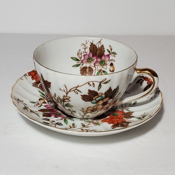 Norcrest Teacup and Saucer Orange Yellow Pink Flowers - Picture 2 of 11